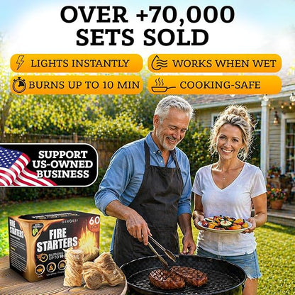 Fire Starter - Natural Pine Fire Starters for Fireplace, Campfires, Grill, Wood & Pellet Stove, Chimney, Fire Pit, BBQ, Smoker - 60 Pack w/10 Min Burning Time - All Weather & Odorless Firestarter