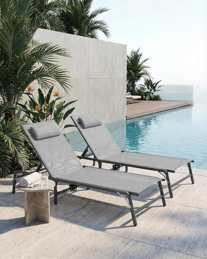 4 Pack Foldable Chaise Lounge Chair with Cup Holder, Assemble-Free Outdoor Lounge Chair with Detachable Pillow and 6 Adjustable Backrest, Patio Lounge Chair for Outside Poolside Beach Pool, Grey