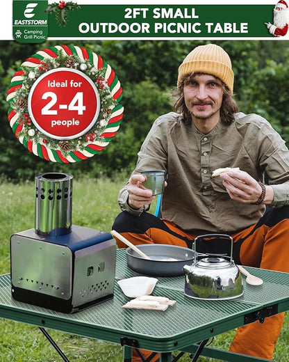 Square Folding Card Table with Adjustable Height (12" & 26"), Green Portable Metal Mesh Table for Camping, BBQ, Picnic, Game, Patio & Indoor Use, Fits 2–4 People, Lightweight 7.6 lb, Supports 66 lb
