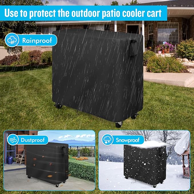 Kingling Cooler Cart Cover Fits 65-80 Quqrt Patio Cooler Cart, Waterproof Outdoor Cooler Cart Cover for Rolling Ice Chest Cooler with Wheels, Deck, and Grill Table, Black-32''L x18''W x32''H