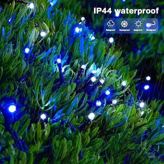 JMEXSUSS 2 Pack Solar String Lights Outdoor Waterproof, Total 400 LED 151FT Solar Christmas Lights Outdoor, 8 Modes Christmas Light for Outside Patio Yard Tree Decorations, White and Blue