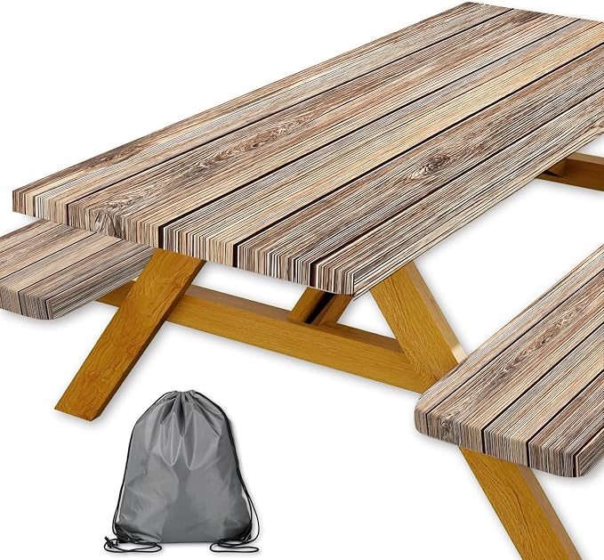 Picnic Table Cover with Bench Covers Camping Essentials Farmhouse Waterproof Windproof Wood Grain Camping Tablecloth Fitted Tablecloth Cover with Elastic Edge for Indoor & Outdoor 3 PCS 30x60 Inch