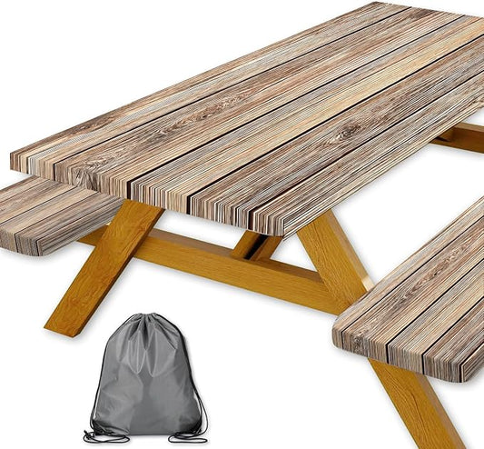 Picnic Table Cover with Bench Covers Camping Essentials Farmhouse Waterproof Windproof Wood Grain Camping Tablecloth Fitted Tablecloth Cover with Elastic Edge for Indoor & Outdoor 3 PCS 30x60 Inch