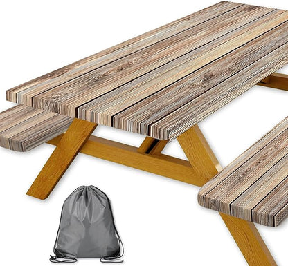 Picnic Table Cover with Bench Covers Camping Essentials Farmhouse Waterproof Windproof Wood Grain Camping Tablecloth Fitted Tablecloth Cover with Elastic Edge for Indoor & Outdoor 3 PCS 30x96 Inch