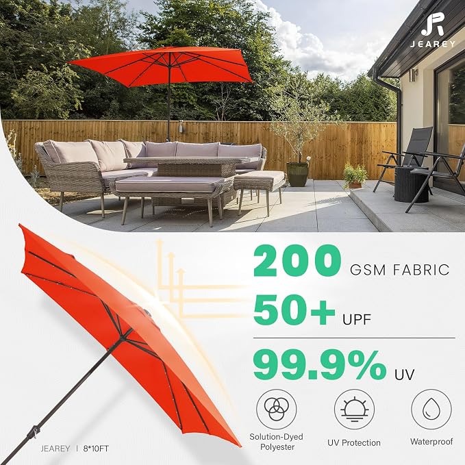 JEAREY 8x10' Rectangle LED Lighted Umbrella Patio Umbrella Outdoor w/Crank | Solar Market Umbrellas with 8 Sturdy Ribs, UV Protection Waterproof Sunproof for Pool, Deck, Backyard(Orange)