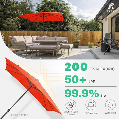 JEAREY 8x10' Rectangle LED Lighted Umbrella Patio Umbrella Outdoor w/Crank | Solar Market Umbrellas with 8 Sturdy Ribs, UV Protection Waterproof Sunproof for Pool, Deck, Backyard(Orange)