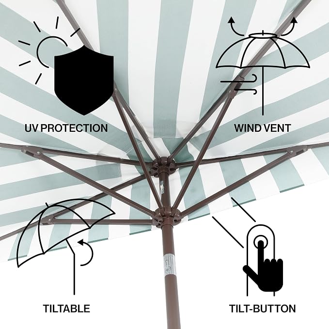 JONATHAN Y Beverly 9 ft. Striped Half Umbrella, Green/Dark Brown | Coastal Scalloped Fringe, Crank Lift, 30 Degree Manual Tilt, UV 50 Polyester Canopy, Aluminum Frame, Space Saving Design