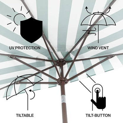 JONATHAN Y Beverly 9 ft. Striped Half Umbrella, Green/Dark Brown | Coastal Scalloped Fringe, Crank Lift, 30 Degree Manual Tilt, UV 50 Polyester Canopy, Aluminum Frame, Space Saving Design