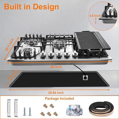 30 Inch Bulit-In Gas Cooktop with Griddle, 5 Italy SABAF Powerful Burners Over 92% High Efficiency, Max 48300BTU Gas Stove Top, 304 Stainless Steel Panel, NG/LPG Convertible, CSA Certified