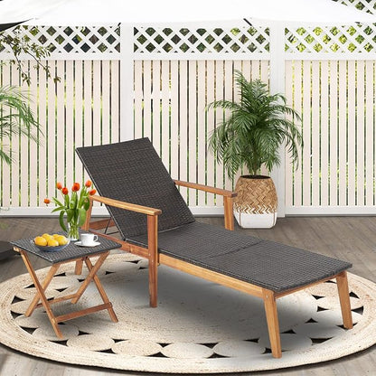 COSTWAY Patio Rattan Chaise Lounge Chair Recliner Back Adjustable Acacia Wood Garden