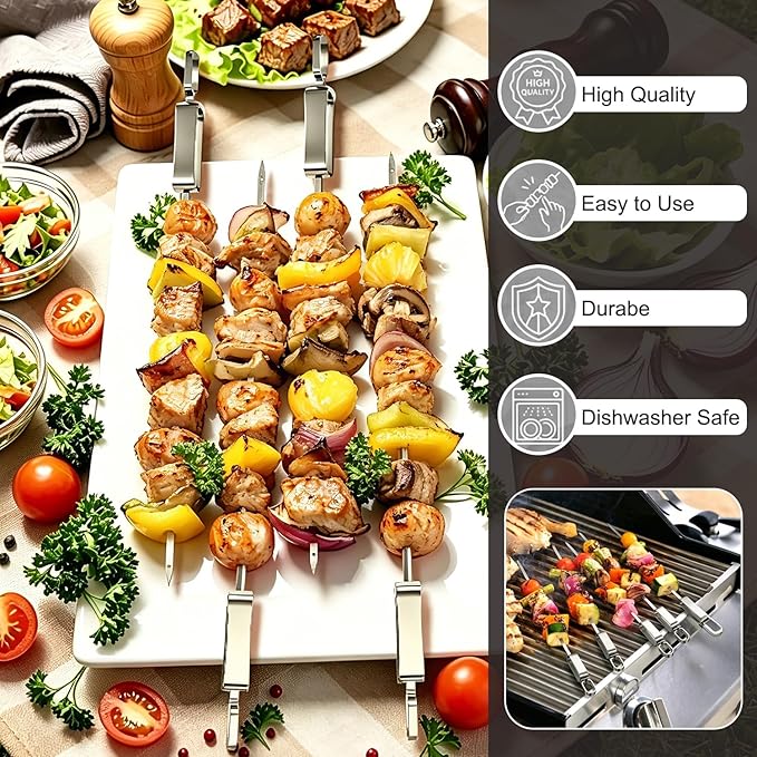 16.5" Skewers for Grilling with Push Bar, Flat Metal Kabob Skewers, Reusable Stainless Steel BBQ Skewers, Heavy Duty Shish Kebab Skewers for Outdoor Camping Grill Kitchen Cooking