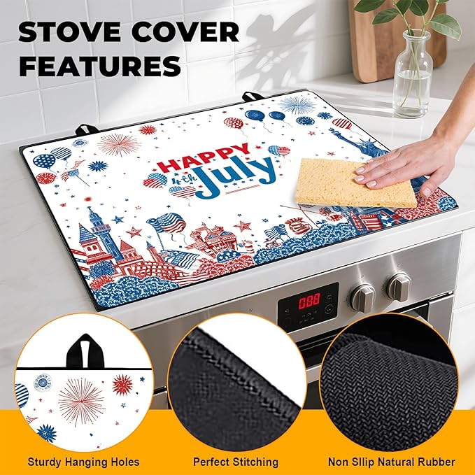 Patriotic Stove Top Cover, Heat Resistant Electric Stove Protector Mat, Large Diatomite Kitchen Counter Mat, Independence Day Decor American Flag Kitchen Accessory (happy july-2, 28x20 Inch)