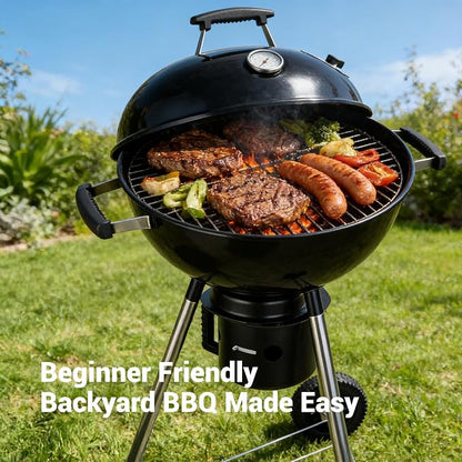 18-Inch Kettle Charcoal Grill with Cover & Wheels | Easy Assembly, Built-in Thermometer, Removable Ash Catcher, Perfect for Backyard BBQ, Patio & Family Cookouts