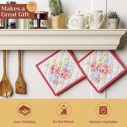 Maison d' Hermine Pot Holders 100% Cotton Heat Resistant Potholders 8" x 8" Hot Pads with Loop BBQ Cooking Baking Hotel Farmhouse Kitchen Handling Hot Pans Spring Summer (Pack of 1, Vintage Floral)
