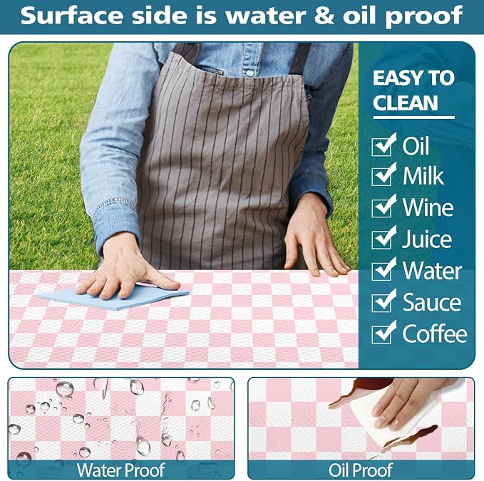 Picnic Table Cover with Bench Covers and Bag, Pink and White Checkered Gingham Buffalo Plaid Camping Tablecloth Cover Waterproof Windproof Elastic Edges Fitted Tablecloths for Outdoor 3PCS 30x96 Inch