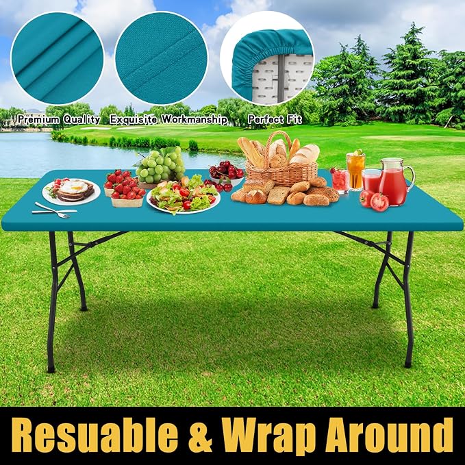 Smiry Rectangle Picnic Table Cloth, Waterproof Elastic Fitted Tablecloths for 5 Foot Tables, Washable Polyester Table Cover for Camping, Indoor and Outdoor (Teal, 36"x60")