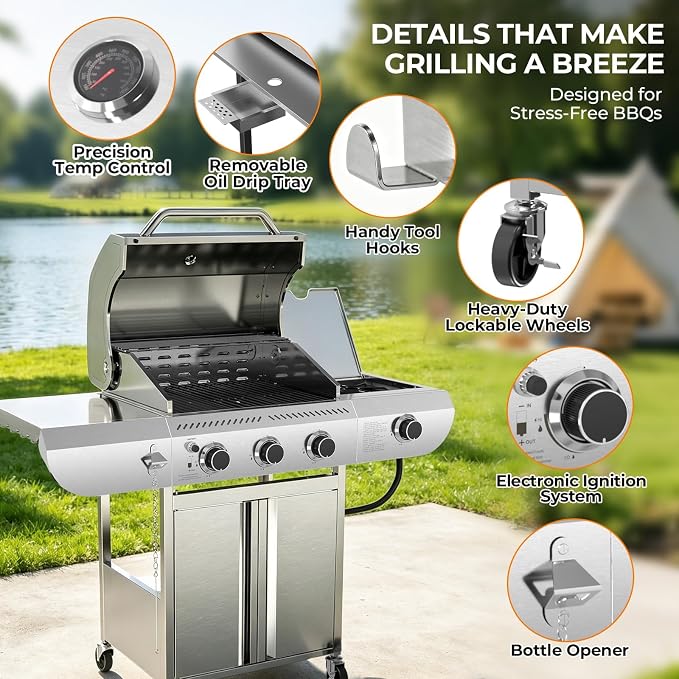 Kismile 3-Burner Propane Gas Grill with Side Burner, Stainless Steel 34,000 BTU BBQ Grill, Cast iron Griddle & Enamel Grates, Barbecue Grill for Outdoor Cooking, Backyard, Patio, Deck Camping