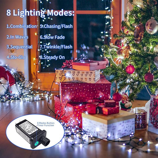JMEXSUSS 200 LED White Christmas Lights Outdoor, 66ft String Lights Plug in | Waterproof, 8 Modes, Green Wire Twinkle Christmas Lights for Tree Xmas Wedding Party Indoor Decoration
