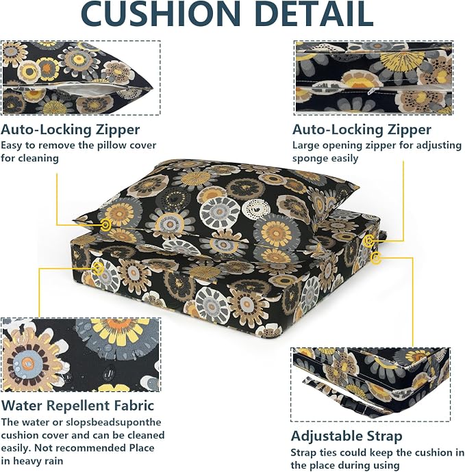 DYTXIII Outdoor Deep Seat Cushion Set, Water Repellent 22"x22" Patio Thick Cushions Replacement with Seat & Back Pillow for Patio Sofa, Wicker Chair, Couch - Black Yellow Crosby