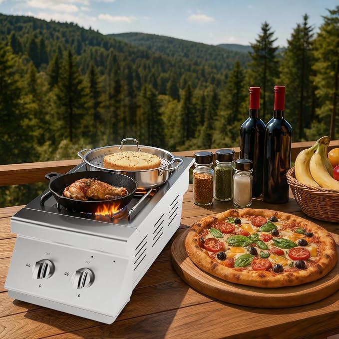 15,000 BTU Outdoor Grill Side Burner, Convertible Natural Gas or Propane, 304 Stainless Steel Built-in Cooktop for BBQ Island & Outdoor Kitchen (Double 15,000BTU)