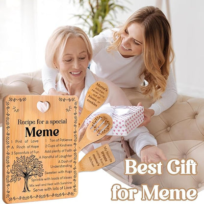 Meme Gifts - "Recipe for a Special Meme" Meme Gifts for Grandma Cutting Board Set, Bamboo-Made Engraved Utensil Set Gifts for Meme Cutting Board, Mothers Day Gifts for Meme.