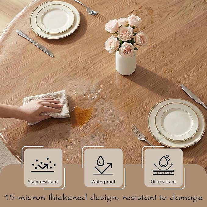 Aormenzy Clear Round Table Cover, 40 Inch Diameter, Fits 30 to 37 Inch | Round Fitted Vinyl Tablecloth, Fits tables from 30 to 37 Inch, Waterproof Oilcloth, Elastic Edge for Secure Fit