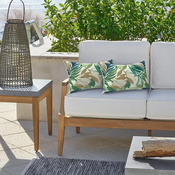 LVTXIII 2 Pack Outdoor Lumbar Pillow Covers 12x20 Inch with Piping, Water-Repellent Back Cushion Covers ONLY for Patio Furniture, Sofa, Garden Bench, Lush Leaf Green