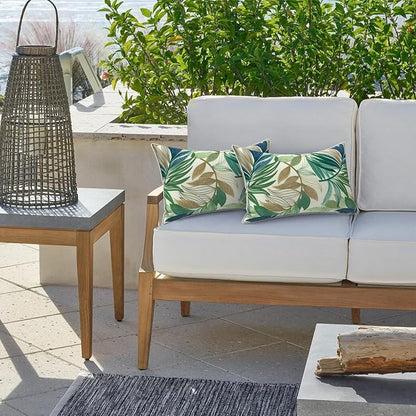 LVTXIII 2 Pack Outdoor Lumbar Pillow Covers 12x20 Inch with Piping, Water-Repellent Back Cushion Covers ONLY for Patio Furniture, Sofa, Garden Bench, Lush Leaf Green