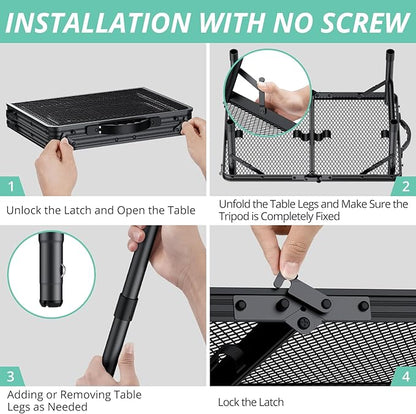 VINTEAM Camping Folding Grill Table | 3 Adjustable Heights | Lightweight, Portable Aluminum Table for BBQs, Picnic, and Outdoor Use | Mesh Desktop, 66lbs Weight Capacity