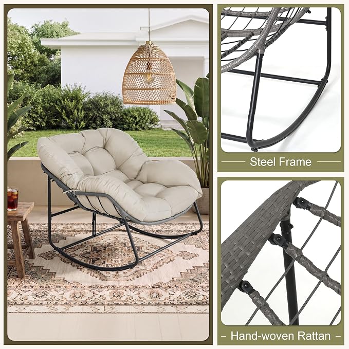 Bifanuo Oversized Egg Rocking Chair for Indoor Outdoor – All-Weather Wicker Rattan Lounge Chair with Cushion Patio Rocker for Porch Garden or Balcony (Beige)