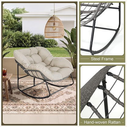 Bifanuo Oversized Egg Rocking Chair for Indoor Outdoor – All-Weather Wicker Rattan Lounge Chair with Cushion Patio Rocker for Porch Garden or Balcony (Beige)