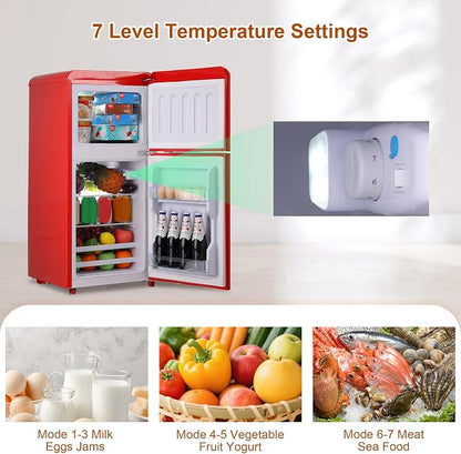 Retro Mini Fridge with Freezer 3.5 Cu. Ft, Small Refrigerator with 7 Level Adjustable Thermostat, Compact Classic Dual Door Fridge Removable Glass Shelves for Apartments, Dorm, Office, Red