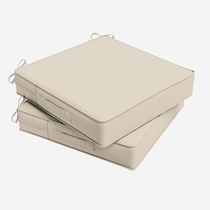 Outdoor Chair Cushion 22 x 22 x 4 Inches Patio Furniture Outdoor Waterproof Seat Cushion, Patio Chair Cushion with Handles and Ties, Square Dining Chair Cushion Set of 2, Cream