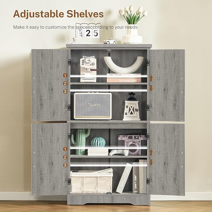 TEENFON Farmhouse Storage Cabinet with 2 Adjustable Shelves, Bathroom Cabinet with 4 Doors, Cupboard for Kitchen, Living Room, Rustic Gray