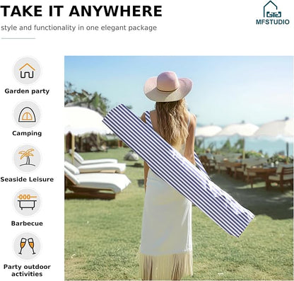 7ft Patio Beach Umbrella with Fringe, Outdoor Umbrella for Poolside, Stripe | MFSTUDIO Tassel Umbrellas UPF50+ with Sand Anchor & Tilt Button, Holiday Outdoor Umbrella with Carry Bag, Ideal for Garden