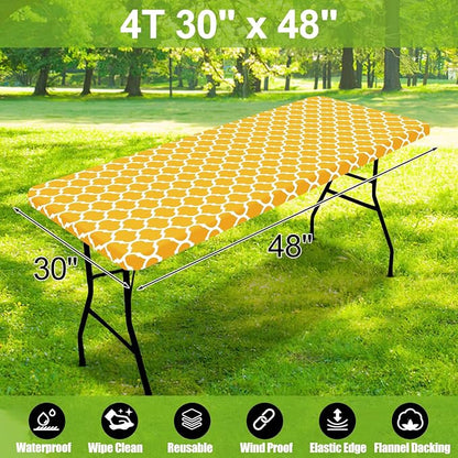 Smiry Picnic Fitted Table Cover, 4 Foot Flannel Backed Vinyl Tablecloth | Waterproof Elastic Stretch Table Cloth, Wipeable Plastic Tablecloth for Camping, Indoor & Outdoor (Mustard Yellow, 30" x 48")