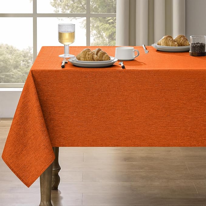 Decorelia Waterproof Faux Linen Rectangle Tablecloth, Spillproof Wrinkle Free Outdoor Reusable Table Cloth for Patio, Holiday, Banquet, Party, Buffet Dinner (Oblong,60 x 120 Inch (10-12 Seats), Rust)