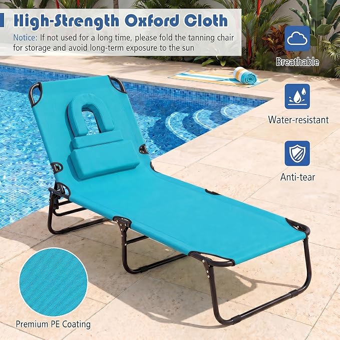 Goplus Tanning Chair, Folding Beach Lounge Chair with Face Hole, Removable Pillow, Carry Strap, Position Adjustable, Sunbathing Chair, Portable Outside Lounge Chair for Patio Pool