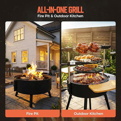 BIG HORN Santa Maria Grill, Portable Argentinian Parrilla with Adjustable Height & 360° Rotating Grates, Charcoal Open Fire BBQ Grill with Rotisserie for Camping, Patio & Backyard
