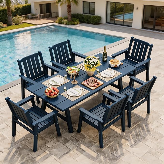 GarveeLife 7-Piece Outdoor Dining Set for Patio 6 People, HDPE All Weather Furniture Table Set with Large Table Umbrella Hole, Modern Outdoor Dining Chairs Armrest for Backyard Garden Deck (Navy Blue)