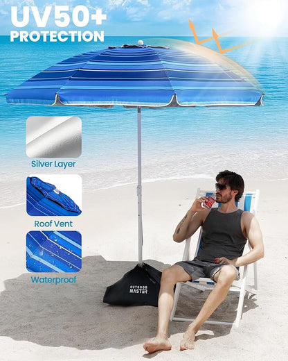 OutdoorMaster 7.2ft Beach Umbrellas for Sand with Sandbag & Anchor | 7.2ft Adjustable Umbrella for Beach, Wind Resistant, Portable UPF50+ Sunshade with Carry Bag for Patio