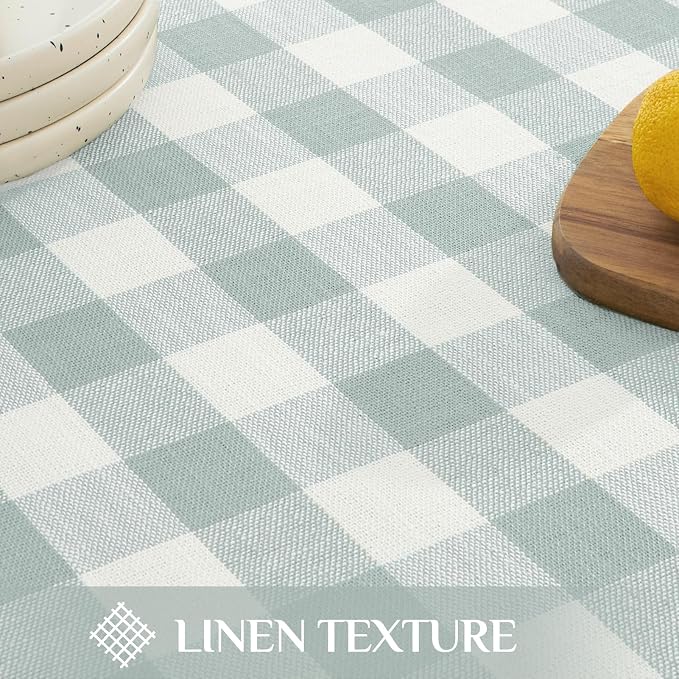 Softalker Checkered Tablecloth Rectangle, Outdoor Linen Cotton Gingham Table Cloth with Tassel, Heavy Duty Wrinkle Free Buffalo Plaid Table Cover for Kitchen Dining Summer Party - 55 x 102 Inch, Aqua