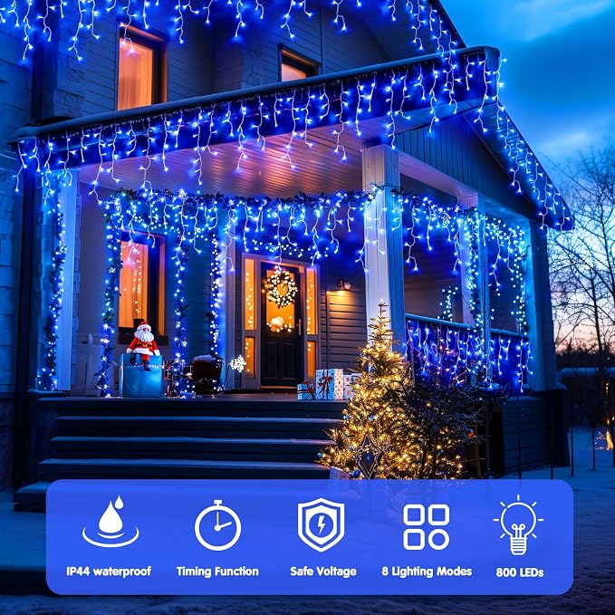 JMEXSUSS 800 LED Blue Icicle Christmas Lights Outdoor | Icicle Lights for Outside with 160 Drops, Christmas String Lights Indoor Outdoor for Party Holiday Christmas Decoration
