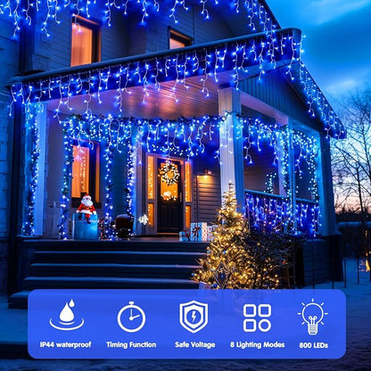 JMEXSUSS 800 LED Blue Icicle Christmas Lights Outdoor | Icicle Lights for Outside with 160 Drops, Christmas String Lights Indoor Outdoor for Party Holiday Christmas Decoration