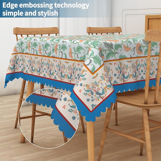 Boho Floral Rectangular Tablecloth 60"x84" - Blue Vintage Flower Waterproof Table Cloth for Dining, Kitchen, Outdoor BBQ and Picnic Party Decor