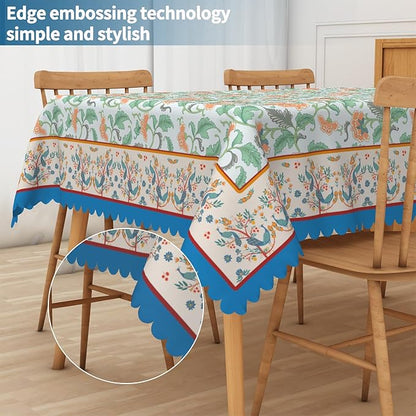 Boho Floral Rectangular Tablecloth 60"x84" - Blue Vintage Flower Waterproof Table Cloth for Dining, Kitchen, Outdoor BBQ and Picnic Party Decor