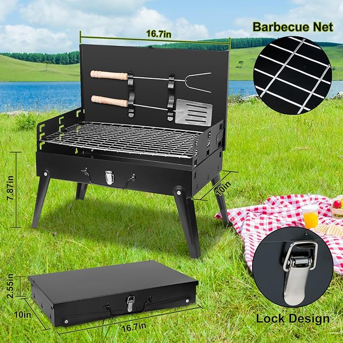 Portable Charcoal Grill, 16.7x10x17.7in Mini Foldable BBQ Suitcase Grill with Lid for Outdoor Camping, Picnics, Garden Grilling Cooking