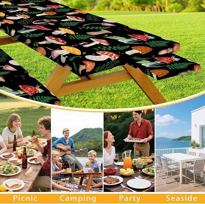 JAWO Black Picnic Table Cover with Bench Covers Elastic Edges Camping RV Essentials Waterproof Windproof Outdoor Fitted Tablecloth Rectangle Camping Tables and Seats, 30x96in