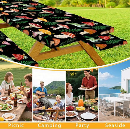JAWO Black Picnic Table Cover with Bench Covers Elastic Edges Camping RV Essentials Waterproof Windproof Outdoor Fitted Tablecloth Rectangle Camping Tables and Seats, 30x96in