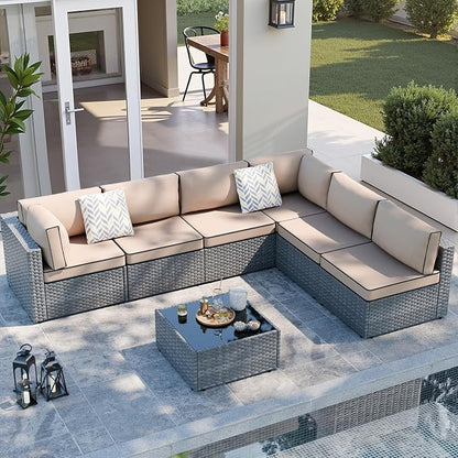 SUNLEI 7pcs Patio Conversation Sets Outdoor Furniture Sets, High Back All-Weather Rattan Sectional Sofa with Tea Table&Washable Couch Cushions(Silver Rattan)(Khaki)